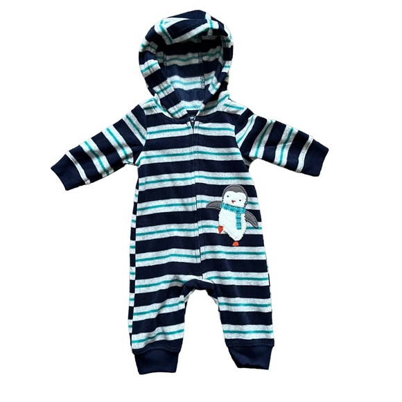 Carter's Child of Mine Blue Striped Hooded Fleece Jumpsuit, Size 3 Months - Picture 1 of 4